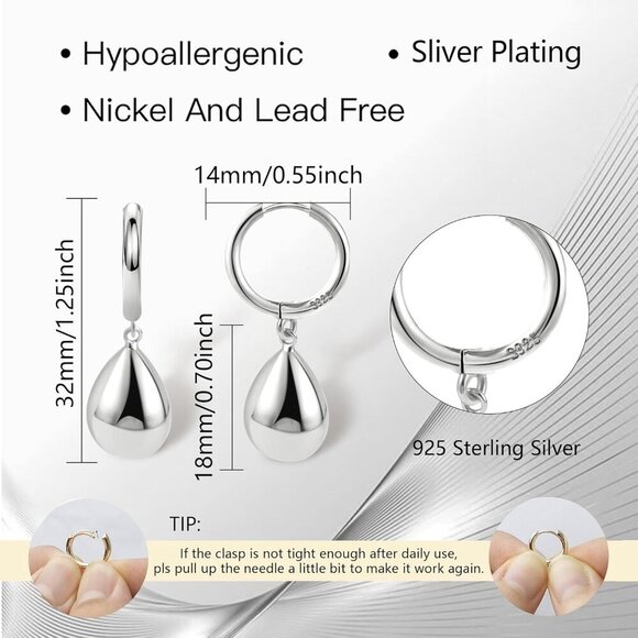 925 Sterling Silver  Dainty Teardrop Dangle Leverback Trendy Earrings for Women - Picture 3 of 7